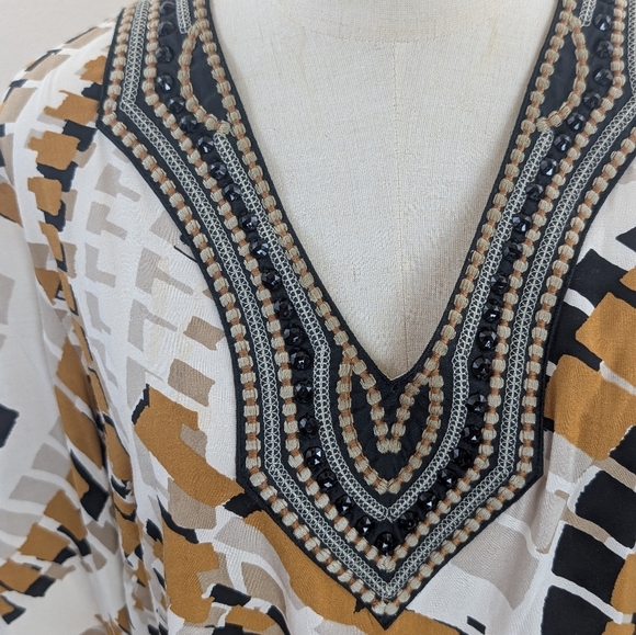 Dennis Basso Women's Size Small Abstract V-Neck Tunic in Black, Brown, and White - Picture 5 of 12